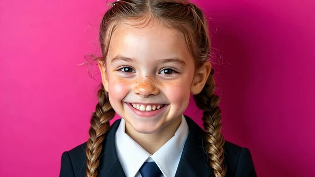 Smiling child with braided hair in school uniform on vibrant pink background.