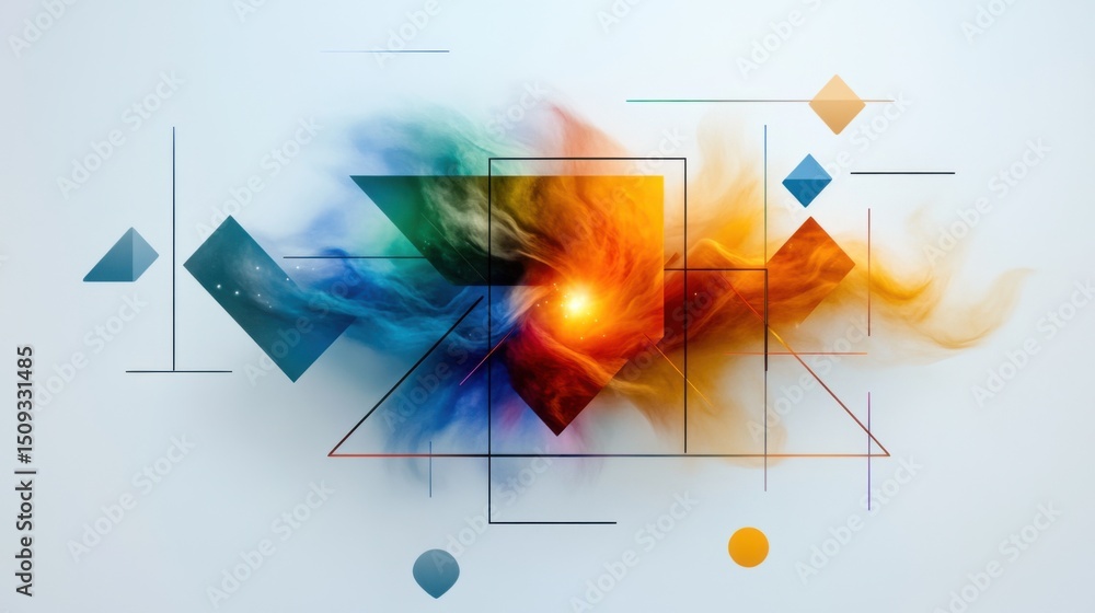 Poster an explosion of color unfolds with swirling patterns and geometric shapes blending seamlessly. the v