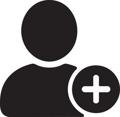 Fototapeta premium A silhouette of a profile icon (head and shoulders) with a plus sign, representing adding friends, plain white background.