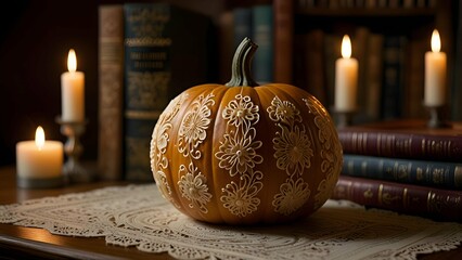 A intricately carved pumpkin with floral and lace patterns, placed on a Victorian-style table with candles and antique books, soft candlelight ambiance.