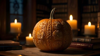 A intricately carved pumpkin with floral and lace patterns, placed on a Victorian-style table with candles and antique books, soft candlelight ambiance.