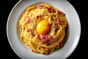 Fototapeta premium Spaghetti Carbonara Pasta Gericht Original Carbonara mit Eigelb Italienisch Speck Sahnesauce Nudeln Rezept Klassisch Spaghetti Gericht Italienische Küche Pasta Nahaufnahme Essensfoto