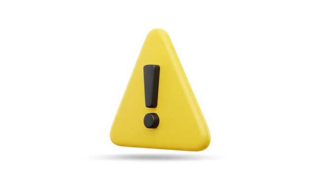 A yellow triangular warning sign with a black exclamation point on a white background, 3d rendering