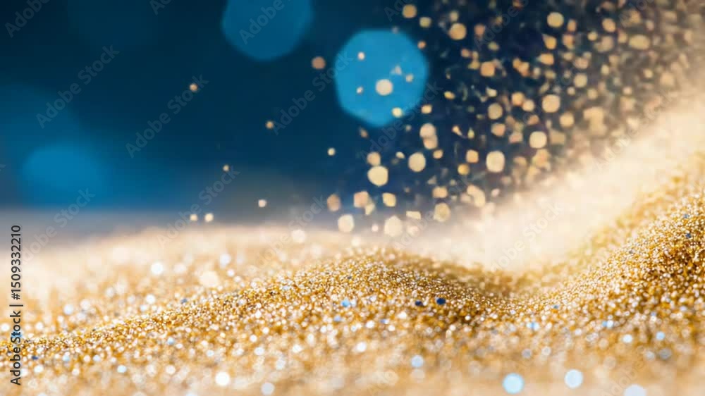 Poster glittering gold particles falling on a sparkling surface with blue bokeh background.