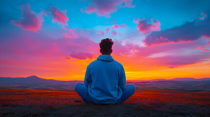 Obraz premium Silhouetted Man Meditating at Sunset Over Colorful Landscape