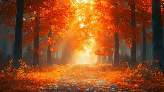 Amazing autumn landscape. Panoramic forest nature. Colorful forest with sun rays orange golden leaves trees. dream fantasy scenic pathway. Beautiful fall park footpath