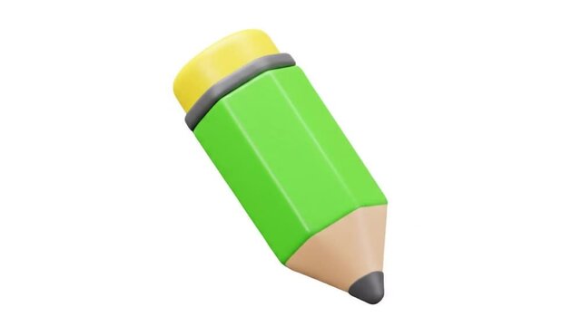 A close up of a cartoon pencil with a green body and yellow eraser on a white isolated background space