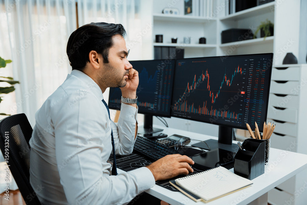 Poster smart trader businessman analyzing in two dynamic stock exchange investment screen on pc with invest