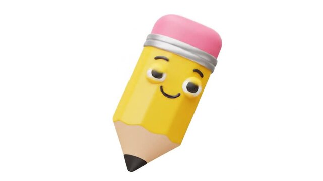 A cartoon pencil with a pink eraser and a smiling face against a plain white studio background view