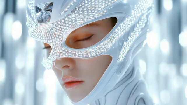 Futuristic woman in crystal embellished mask with bright lights and metallic aesthetic.