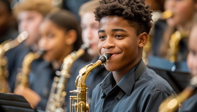 Young musicians collaborating in a band practice room, smiling while tuning their instruments