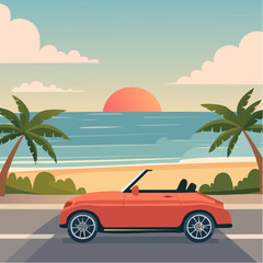 A coastal road trip scene with a convertible and ocean views

