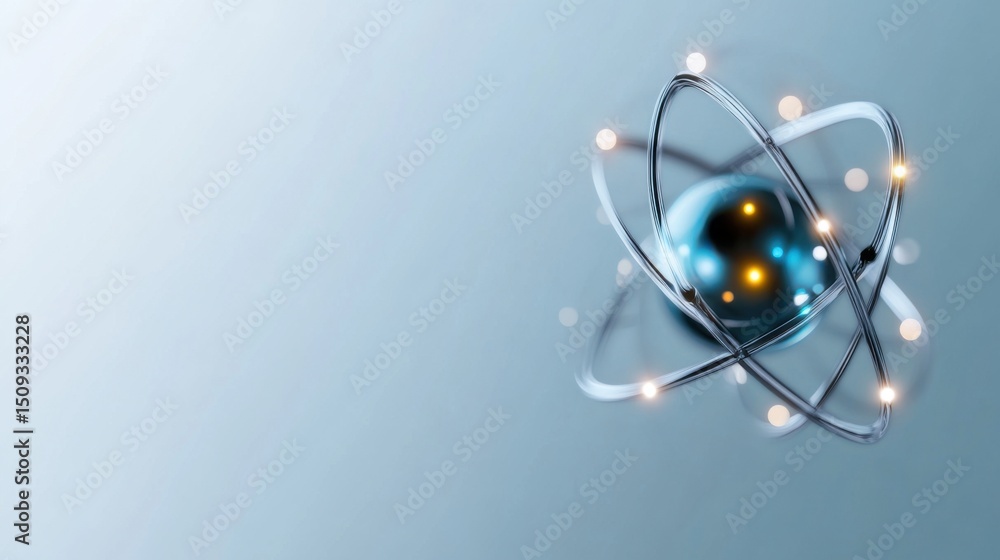 Poster a digital representation of an atom showcases its central nucleus surrounded by orbiting electrons, 