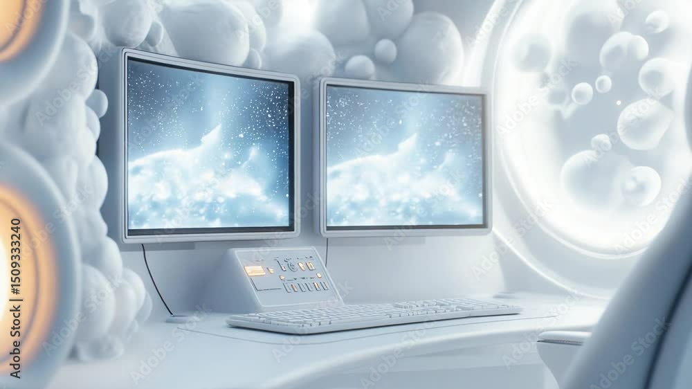 Poster futuristic workspace with dual screens featuring a cloudy abstract background.