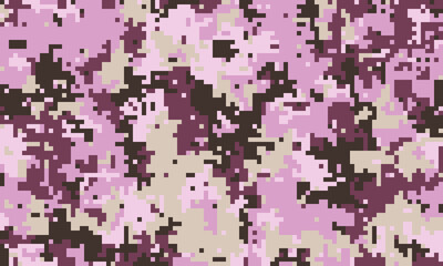 Abstract pixelated camouflage pattern in soft pink, mauve, and brown tones. Ideal for fashion, textile design, or digital backgrounds.