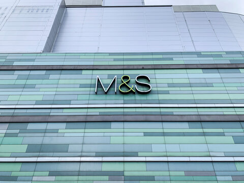 Westfield Shopping Mall Exterior Signage, M&S Marks & Spencer (Marks & Sparks) Retail Facade Logo, Brand Name Sign, White City, Shepherd&rsquo;s Bush, West London, England, UK, May 2025