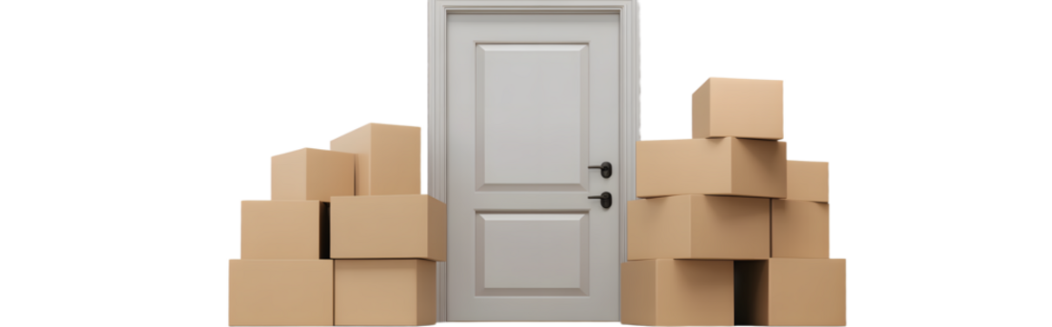 Stacked cardboard boxes in front of door isolated on transparent background