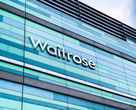 Westfield Shopping Mall Exterior Signage, Waitrose & Partners Supermarket Retail Facade Logo, Brand Name Sign, White City, Shepherd&rsquo;s Bush, West London, England, UK, May 2025