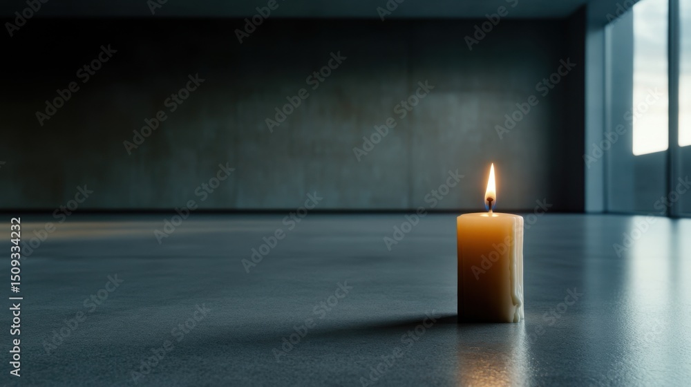 Poster a solitary candle flickers gently on a polished floor in a sparse, modern room. soft late afternoon 