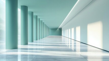 Fototapeta premium A modern architectural interior with turquoise columns, minimalist design, and soft light creating patterns on polished marble floors.