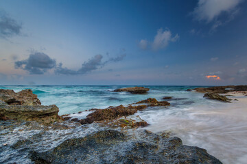 Beautiful beach at the Caribbean sea in Playa del Carmen at sunset, Mexico
