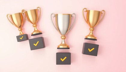 Triumph Arrangement: A Congratulatory Still Life with Trophies and Checkmarks