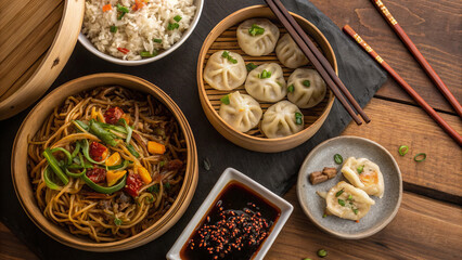 Authentic Asian Feast: Dumplings, Noodles, and Rice with Dipping Sauce