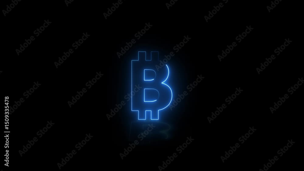 Poster glowing neon line mining bitcoin from graphic tablet icon isolated on black background. cryptocurren