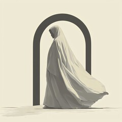 Naklejka premium A serene silhouette of a woman draped in a flowing hijab, walking gracefully through a minimalistic arch. Captivating and elegant composition.