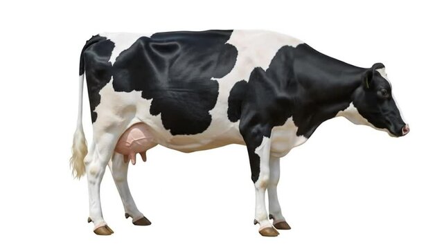 A full body shot of a black and white holstein cow standing against a plain white background in a studio