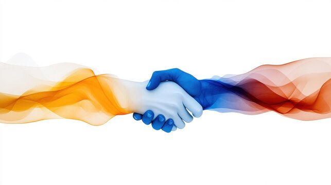 A vibrant handshake merges two colored hands, one blue and one orange, showcasing unity and diversity. The smooth colors blend gracefully, representing cooperation and harmony.
