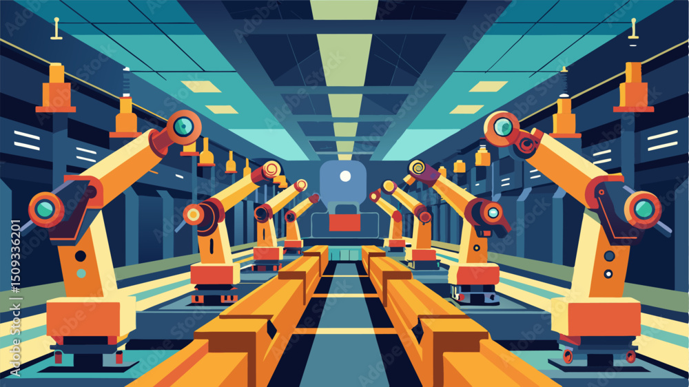 Poster a large automated assembly line inside the hangar sees robotic arms expertly fitting together intric