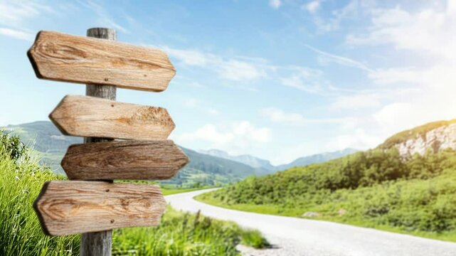 Wooden signpost on scenic rural road with empty directions under blue sky and green landscape.