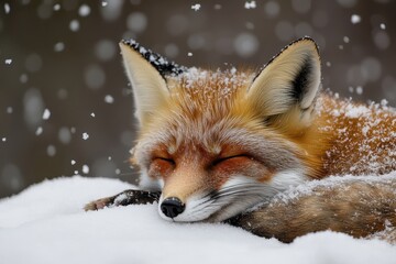 Fototapeta premium Detail of a hibernating red fox amidst winter snowfall in the UK