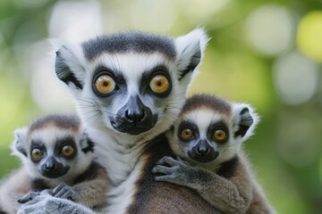 Detailed view of a ring tailed lemur with her adorable offspring