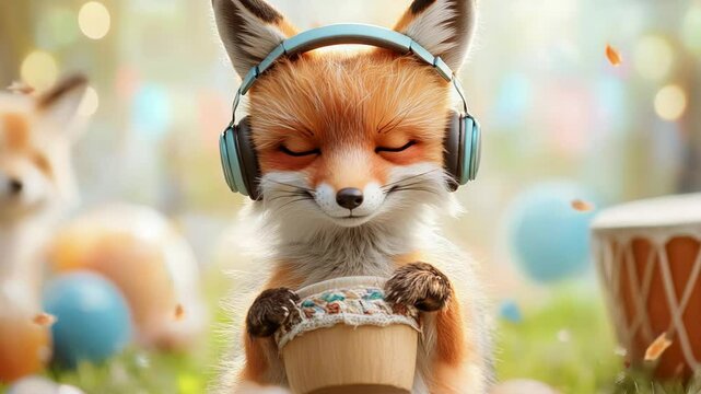 Adorable fox enjoying music with headphones in whimsical outdoor setting.