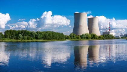 Obraz premium nuclear power plant towers rising above the river with reflections and beautiful clouds on a sunny day