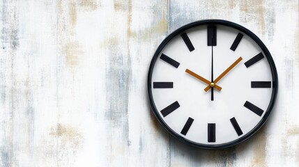 A black round wall clock with golden hour and minute hands shows the time against a textured white and tan wooden wall, creating a peaceful and clean atmosphere in daylight.