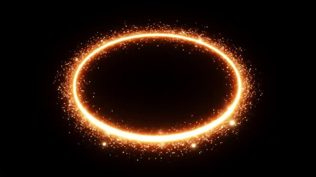 Glowing orange oval ring with sparkling particles on a black background in a seamless loop animation