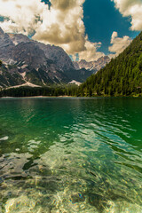 The beautiful lake Lago di Braies in the Dolomites in Tyrol.