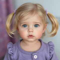 Mirada tierna, coletas rubias y un traje morado perfecto.
