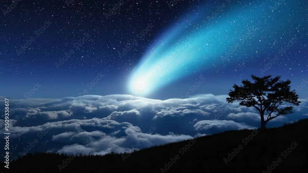 Poster a comet is shooting through the sky above a tree. the sky is dark and cloudy, and the comet is the o