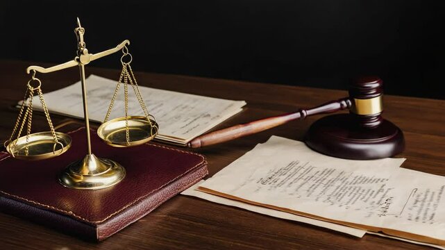 Scales of Justice and Gavel with Legal Documents on a Wooden Table