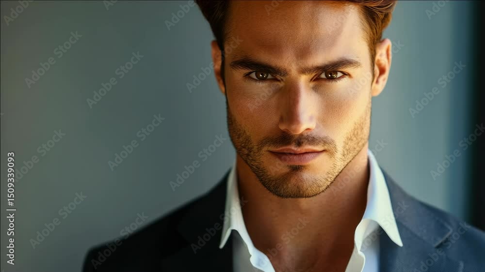 Aufkleber a man with a beard and a suit is standing in front of a window. he has a serious expression on his f