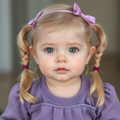 Bebita angelical con outfit morado y coletas doradas que observa.
