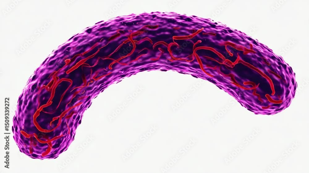 Poster a purple and red blob with red lines on it. it looks like a cell or a virus