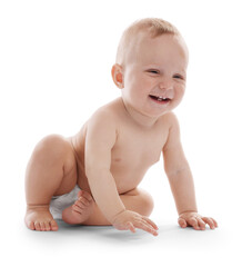 Portrait of cute little baby on white background