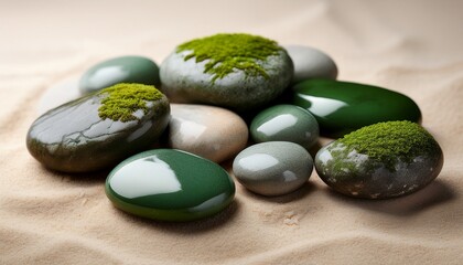a handful of polished river stones arranged on light sand with green lichen