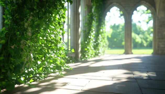 Stone walkway with vines and sunlight