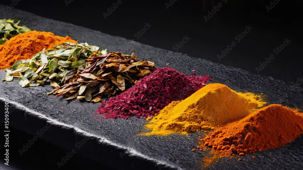 Poster a black tray with a variety of spices on it. the spices are arranged in a row, with some being red a